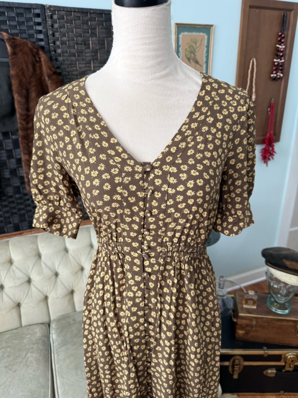 🌿 Madewell Floral Midi Dress Olive Green Yellow Button Front - Picture 2 of 11